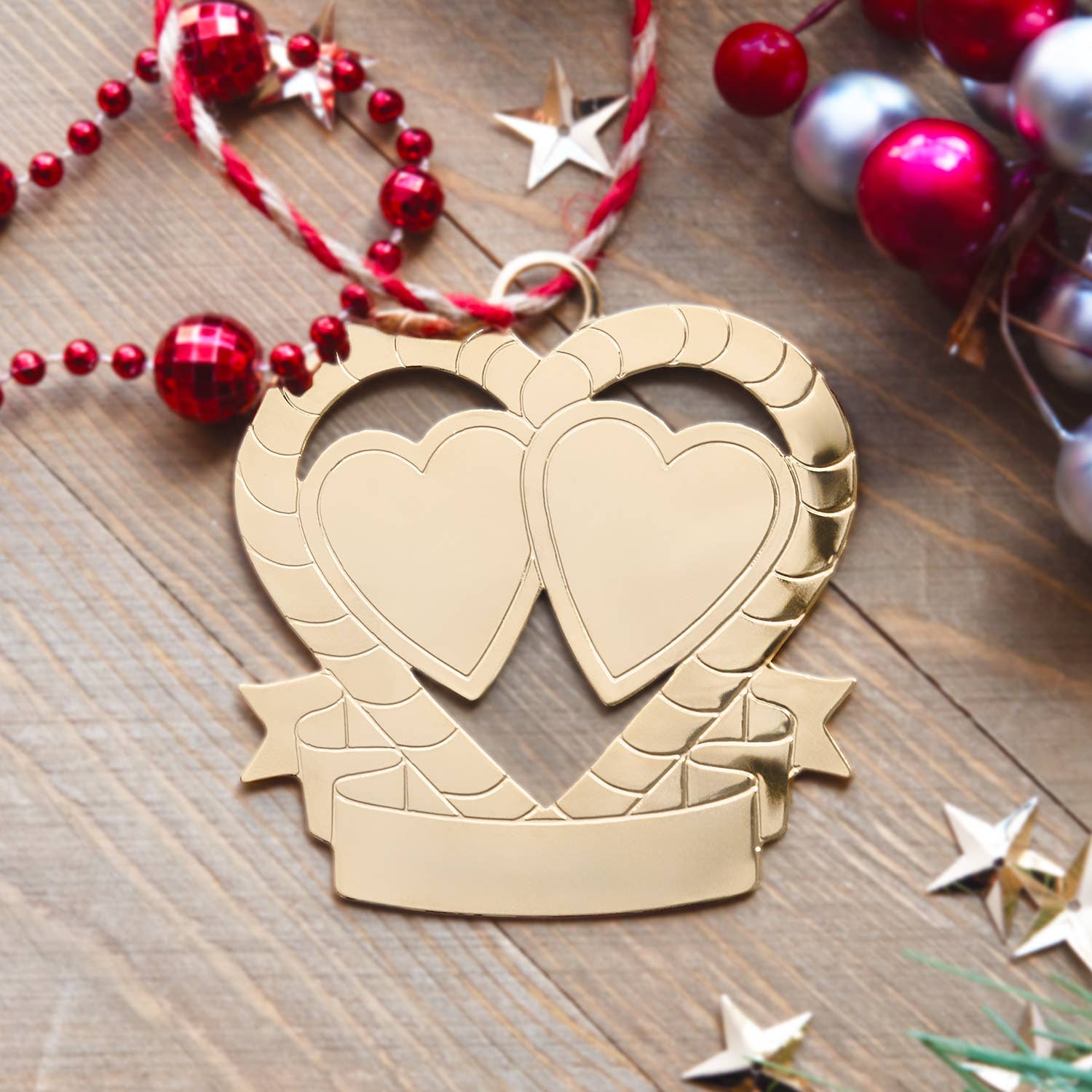 Engraveable Double Hearts Gold Wedding Anniversary Ornament