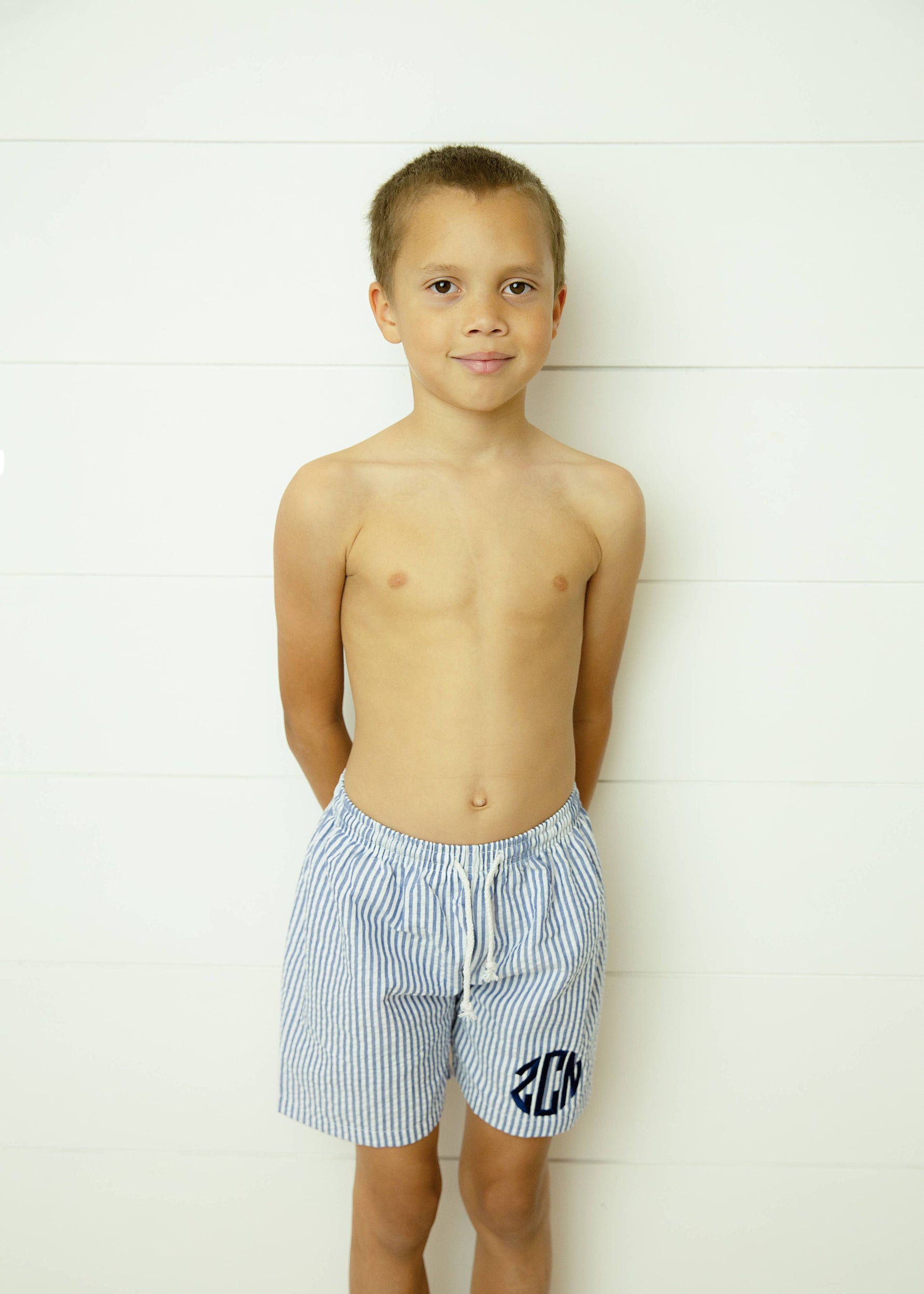 Boys Seersucker Swim Trunks - NAVY: 12m