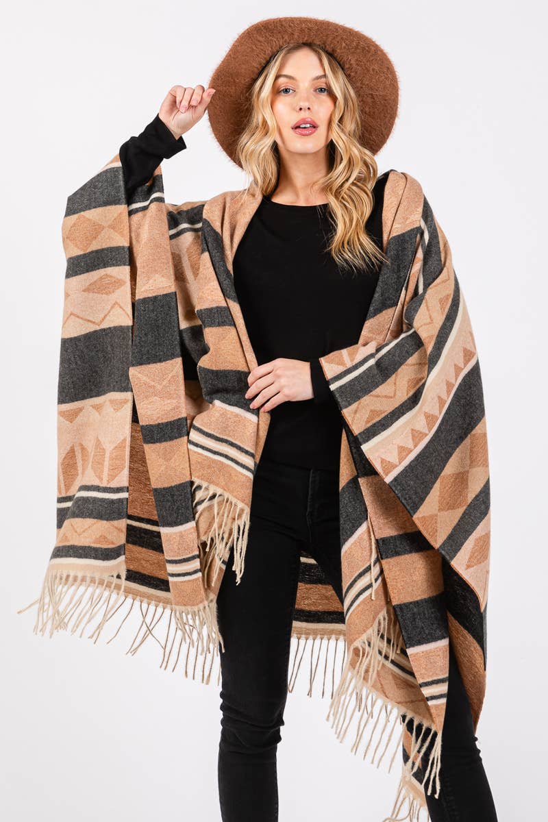 Multi Striped Fringe Ruana: GRAY