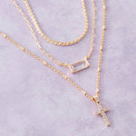 Triple Layered Chain Pave Cross Pendant Necklace