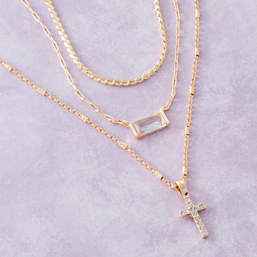 Triple Layered Chain Pave Cross Pendant Necklace