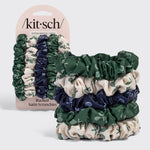 Ruched Satin Scrunchies 5pc Set - Cream, Court Green & Navy Blue