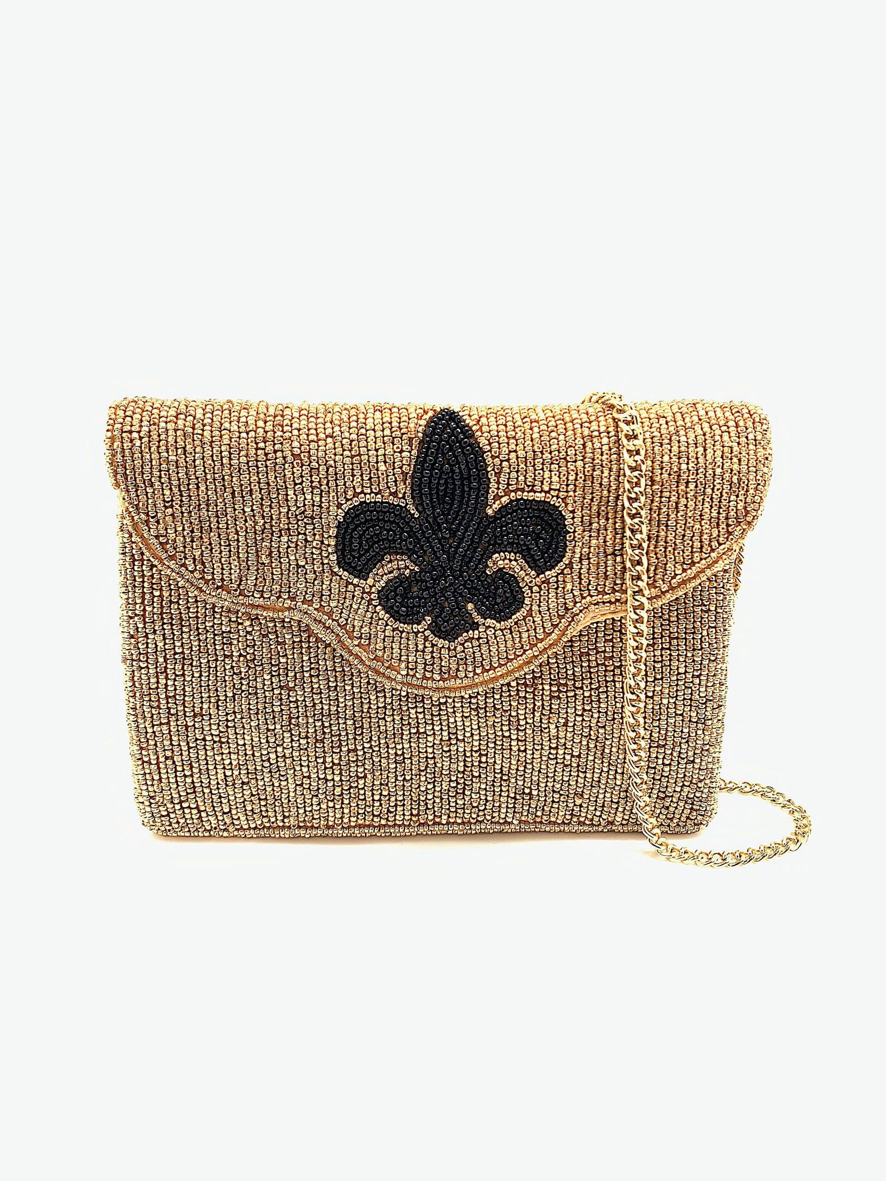 GOLD BEADED MINI CLUTCH WITH BLACK FLEUR DE LIS