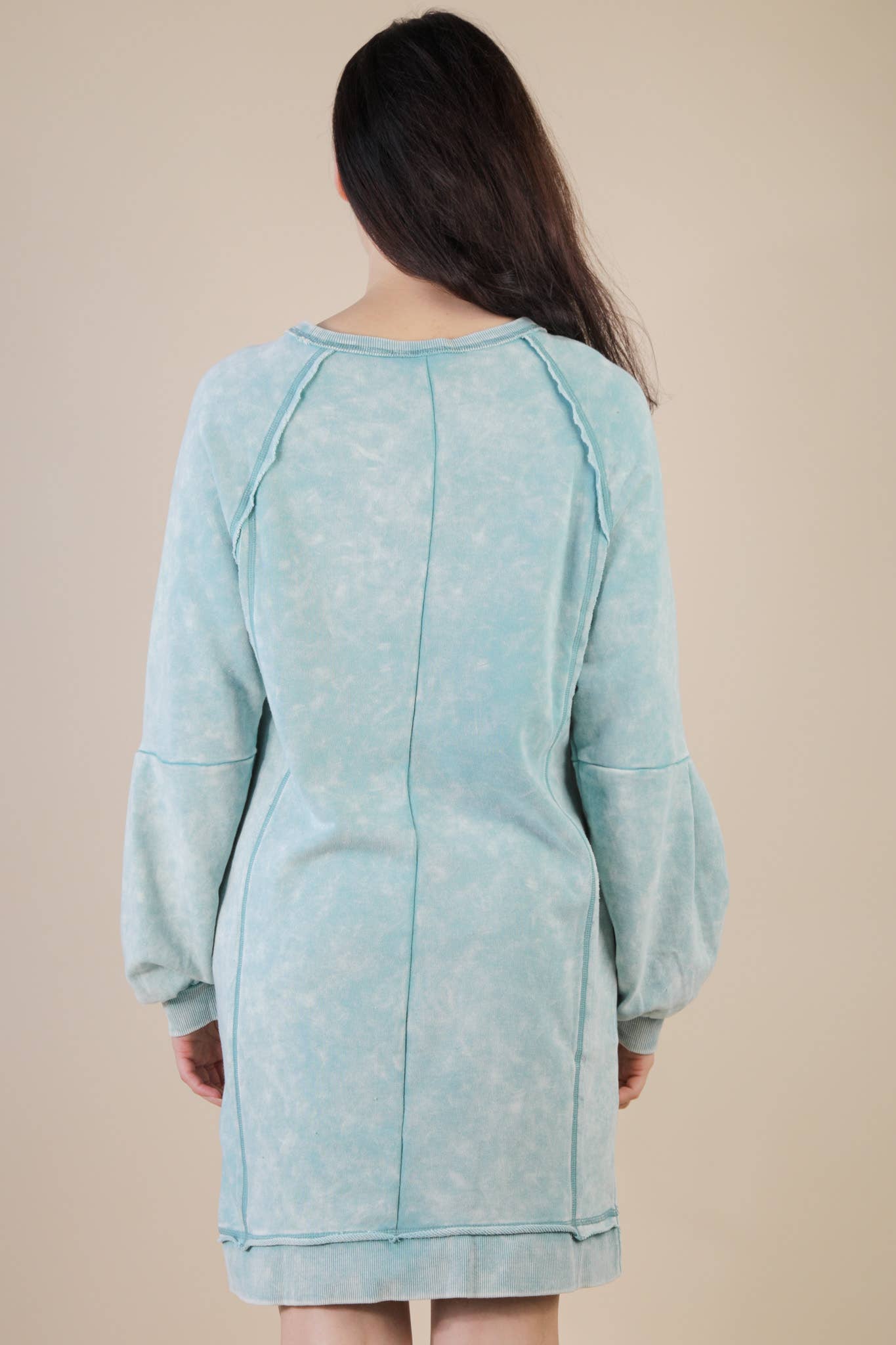 Mineral Washed Raglan Sleeve Casual Mini Dress: SAGE