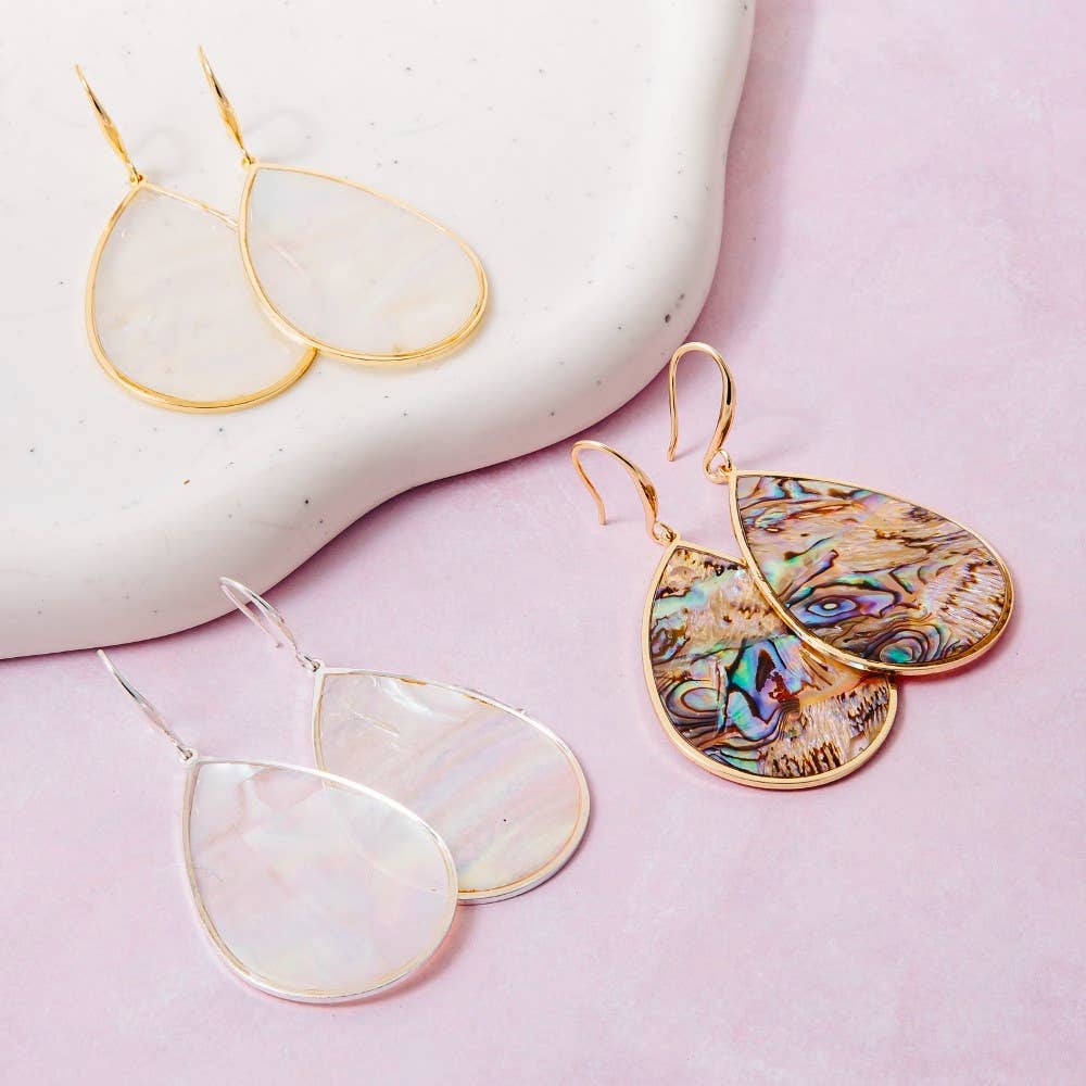 Gold Bezel Iridescent Shell Dangle Earrings