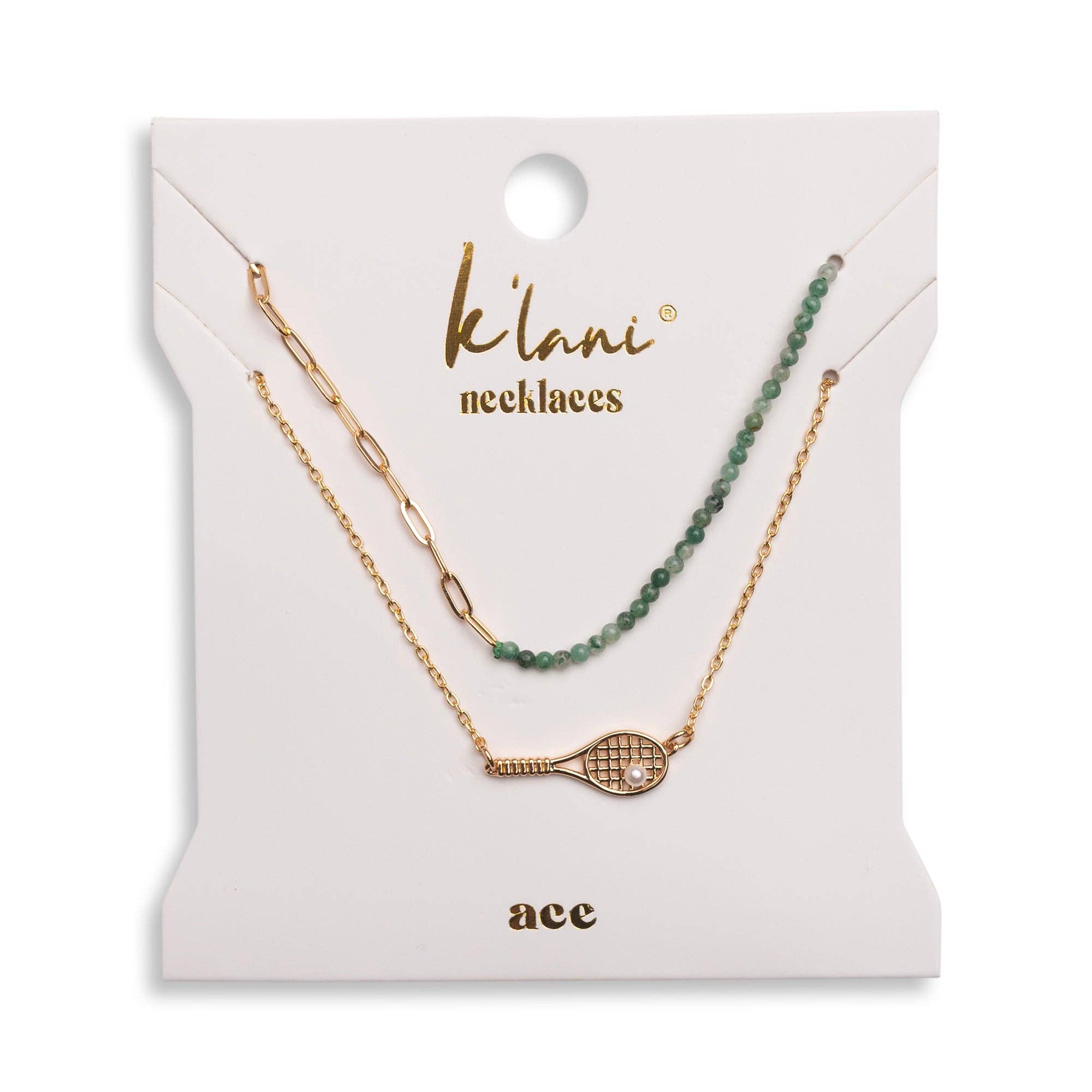 "Ace" Gold Tennis Racket with Green Beads Necklace Set