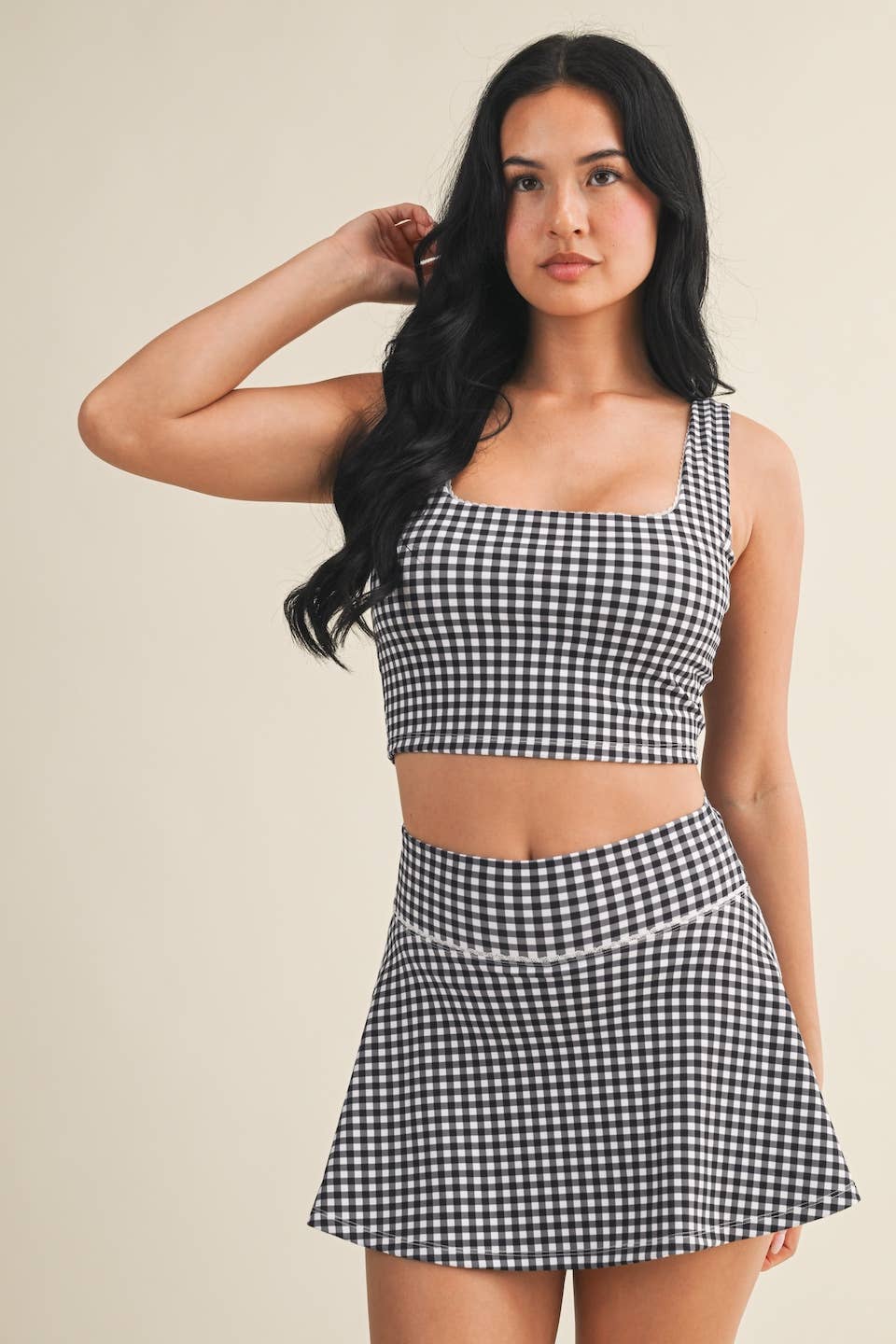 Gingham Print Crop Tank with Lace Trim: Blue Gingham / S