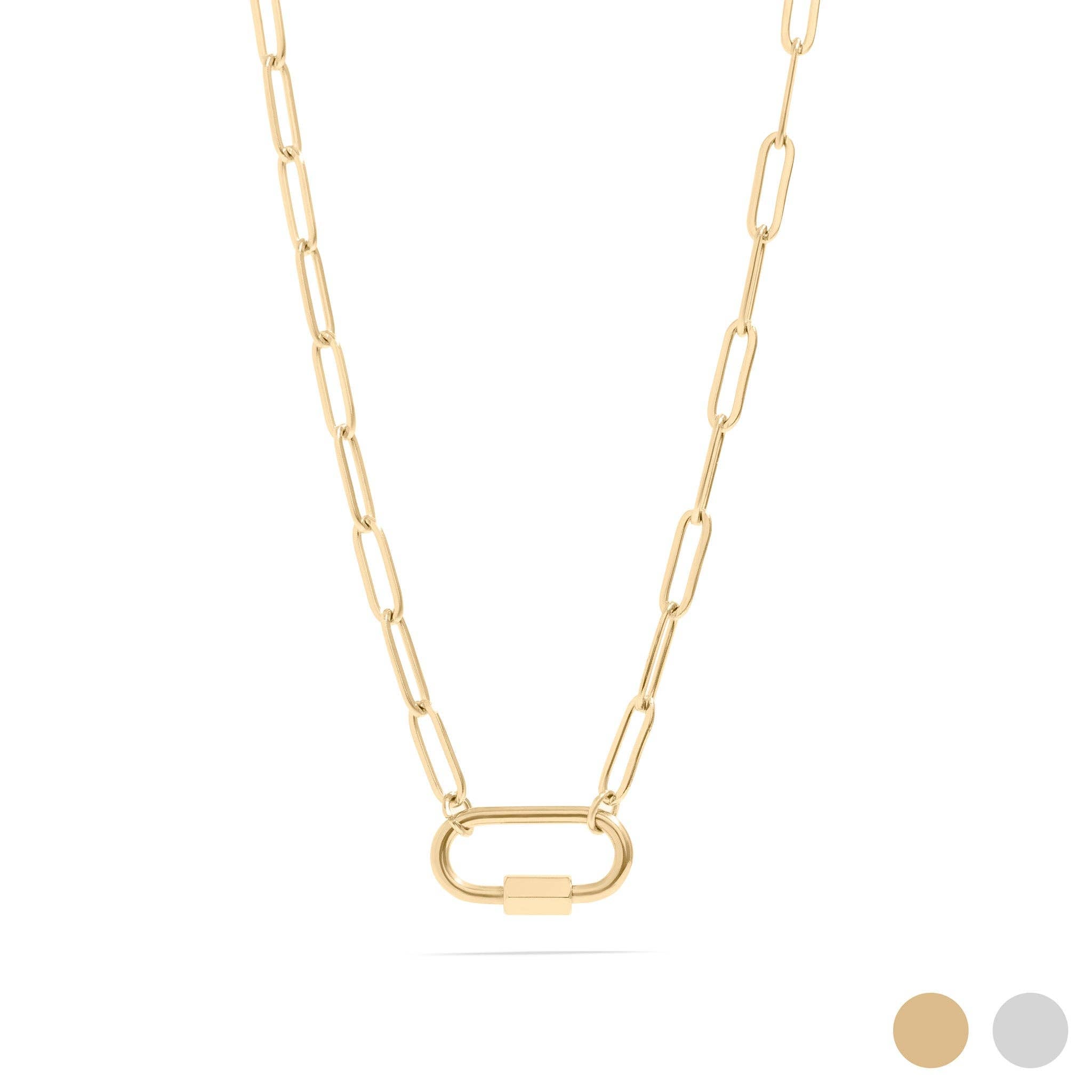 18K Gold PVD Paperclip Carabiner Necklace: Gold / 16+2"