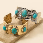 Metallic Textured Turquoise Stone Cuff Bracelet in Silver