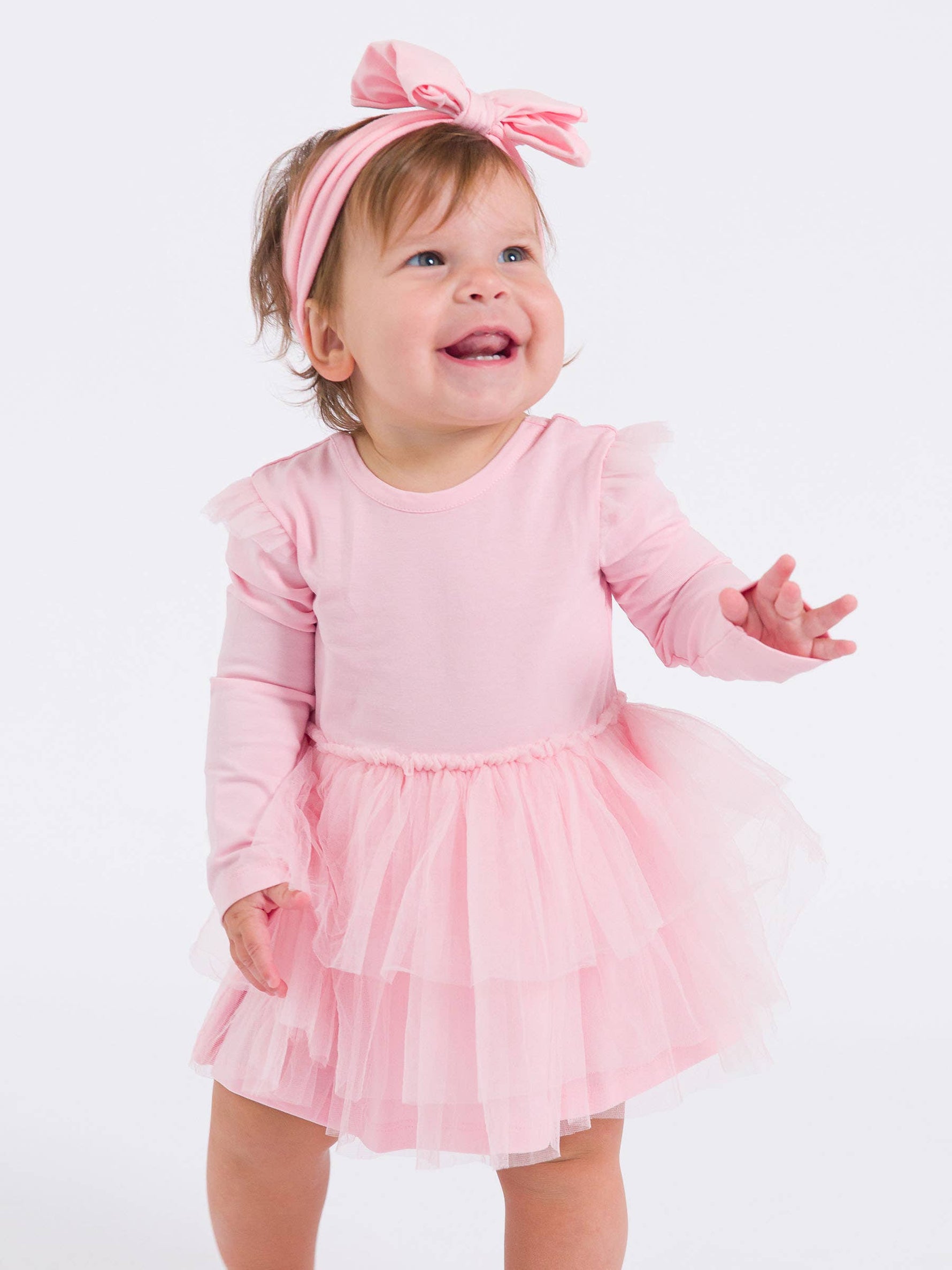 Baby Girls Pink Flutter Tulle Long Sleeve Twirl Romper: Pink / 6-12m