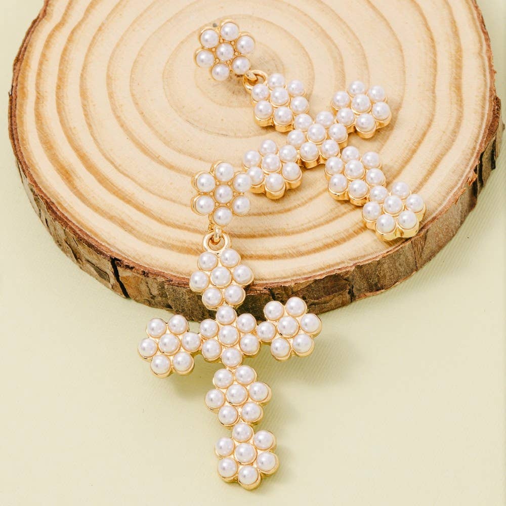 Pearl Beaded Cross Drop Earrings