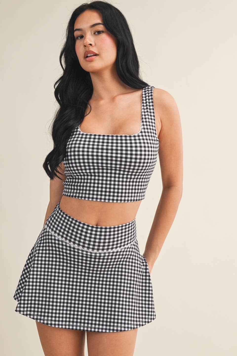 Gingham Print Crop Tank with Lace Trim: Blue Gingham / S