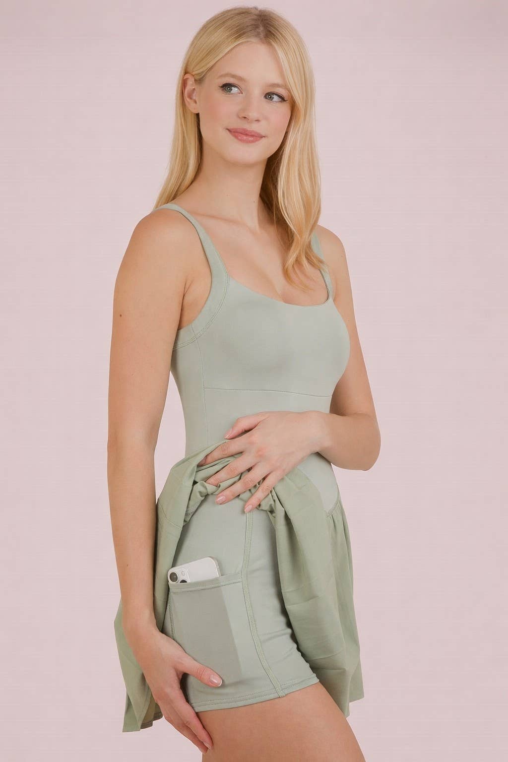 Pleated Skirt Activewear Dress W/ Under Shorts: SAGE