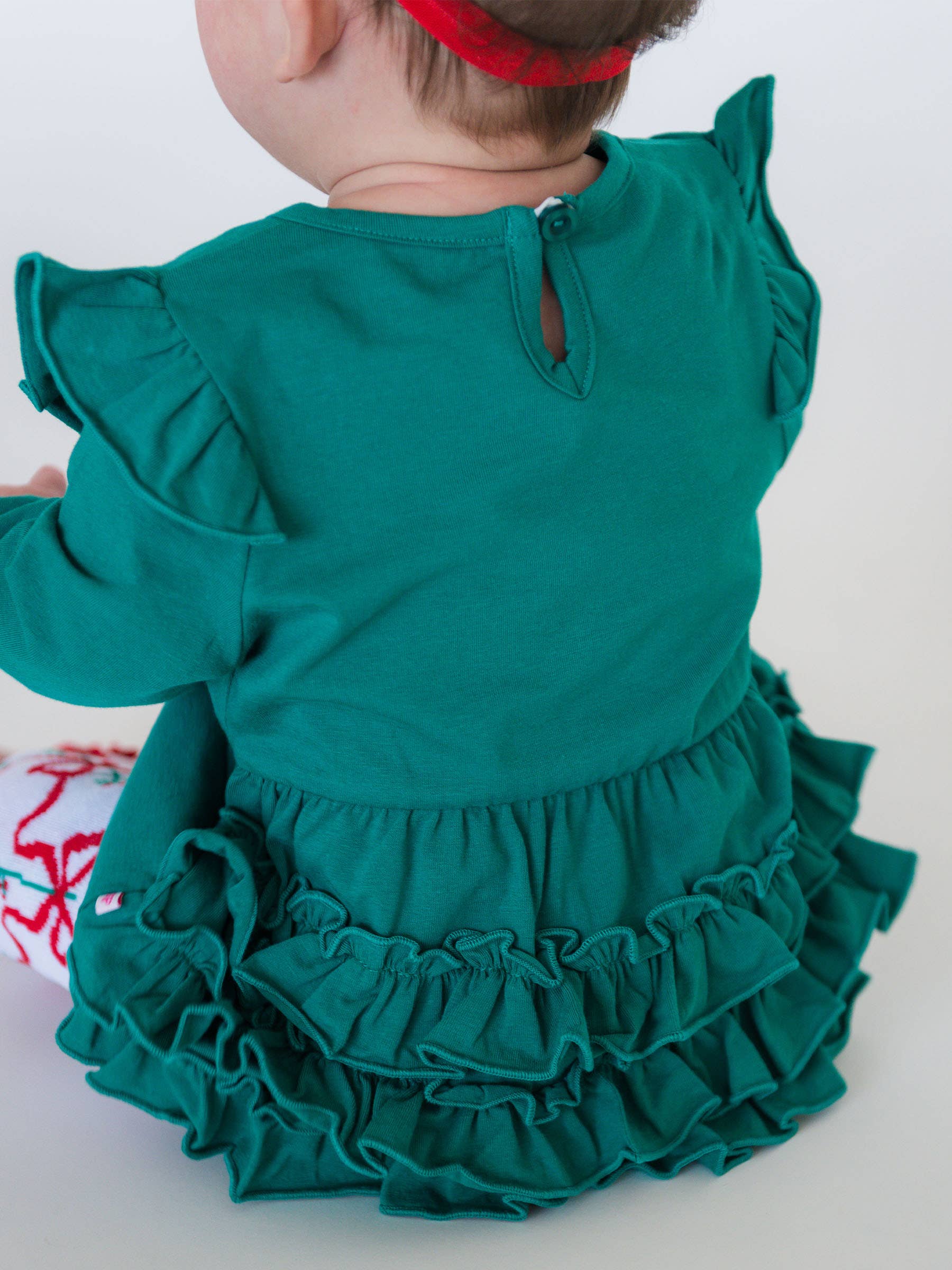 Baby Girls Emerald Green Knit Long Sleeve Flutter Bubble Romper: Green / 18-24m