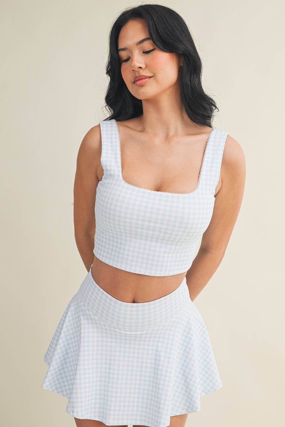 Gingham Print Crop Tank with Lace Trim: Blue Gingham / L