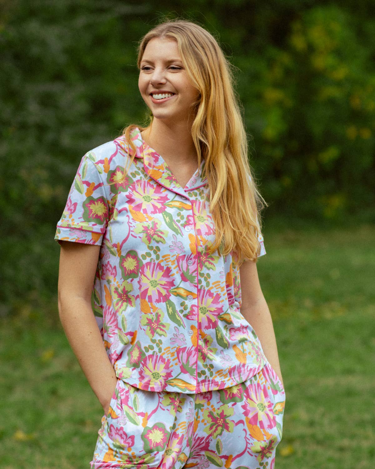Summer Bouquet Short Sleeve Button Up Sleep Shirt   Pink/Blue/Multi   -Asst.: XSmall
