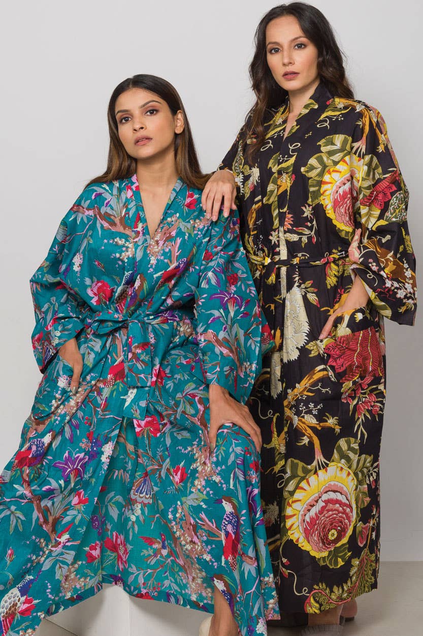 Rani Kimono Robes: Ivory Multi Birds