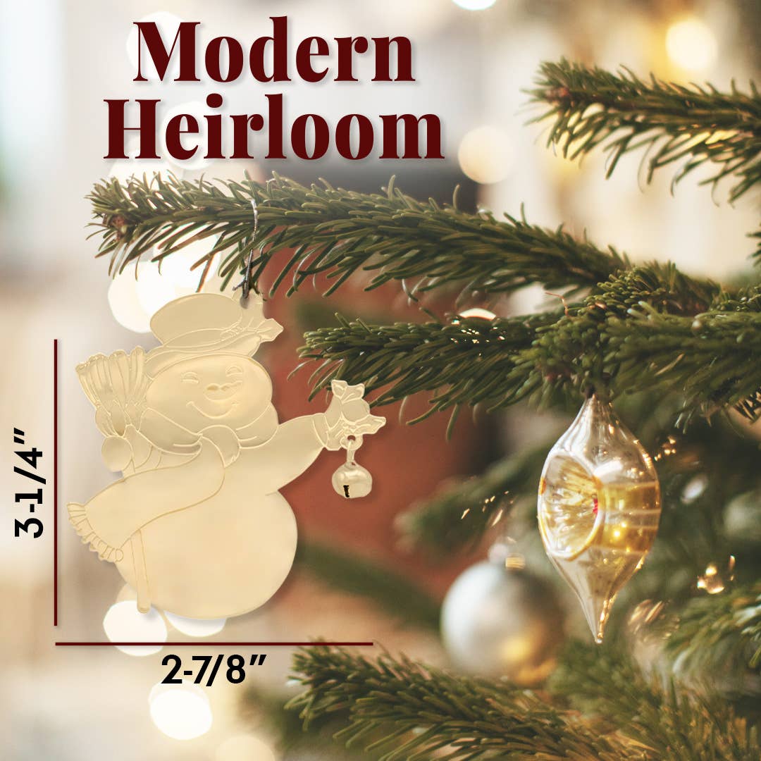 Snowman with Jingle Bell Gold Christmas Ornament