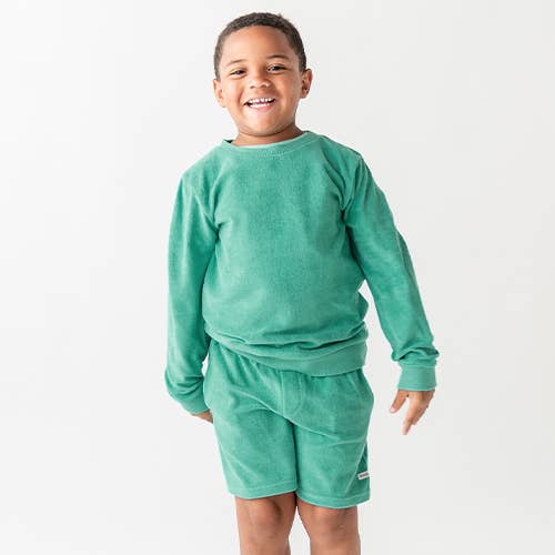 Boys Ocean Teal Terry Knit Crew Neck Sweatshirt: Blue / 12-18m