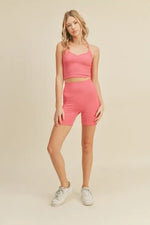 Pink Ribbed Seamless Sweetheart Crop Tank Set: Pink / L