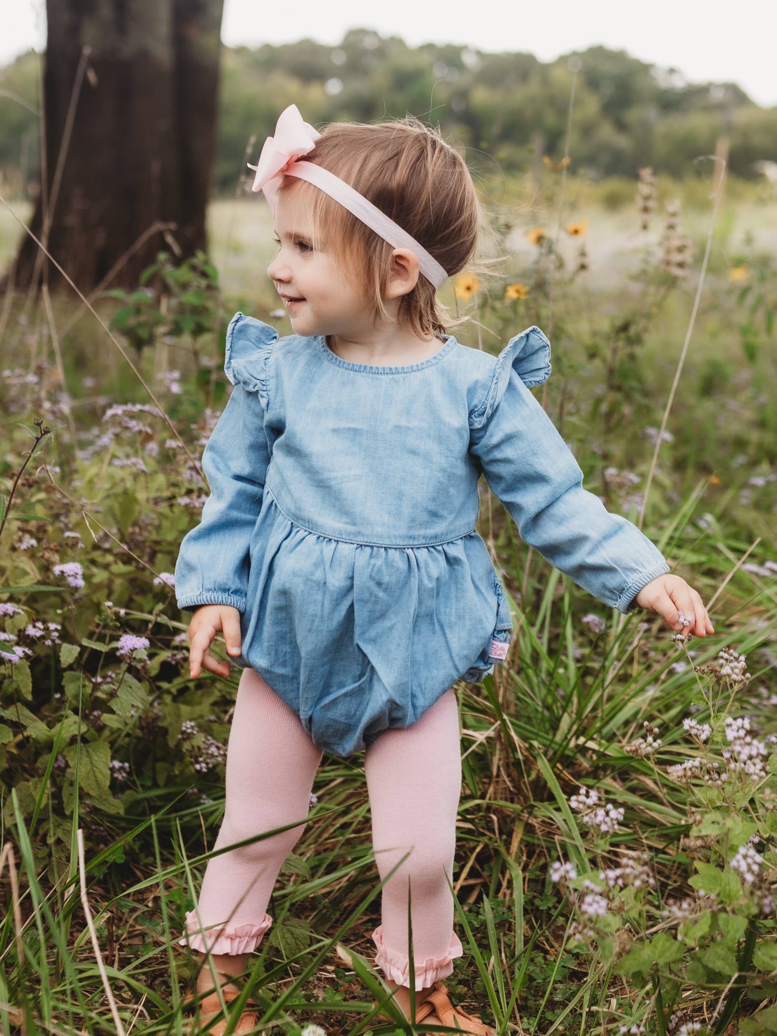 Baby Girls Light Wash Denim Long Sleeve Flutter Bubble Romper: Blue / 6-12m