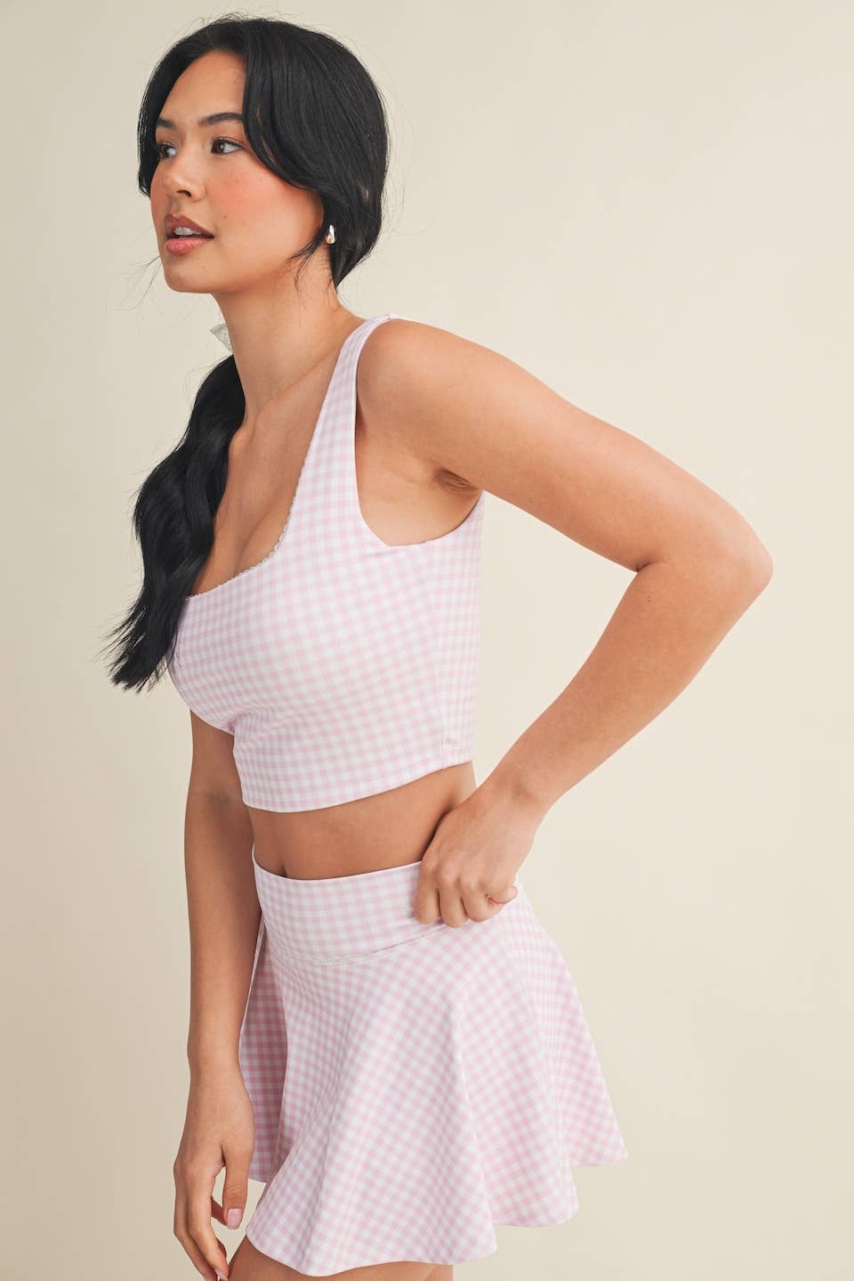 Gingham Print Crop Tank with Lace Trim: Blue Gingham / S