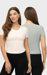 Women's Rib Short Sleeve Top with Inner Bra - 2 PACK: GREEN MILIEU/GARDENIA
