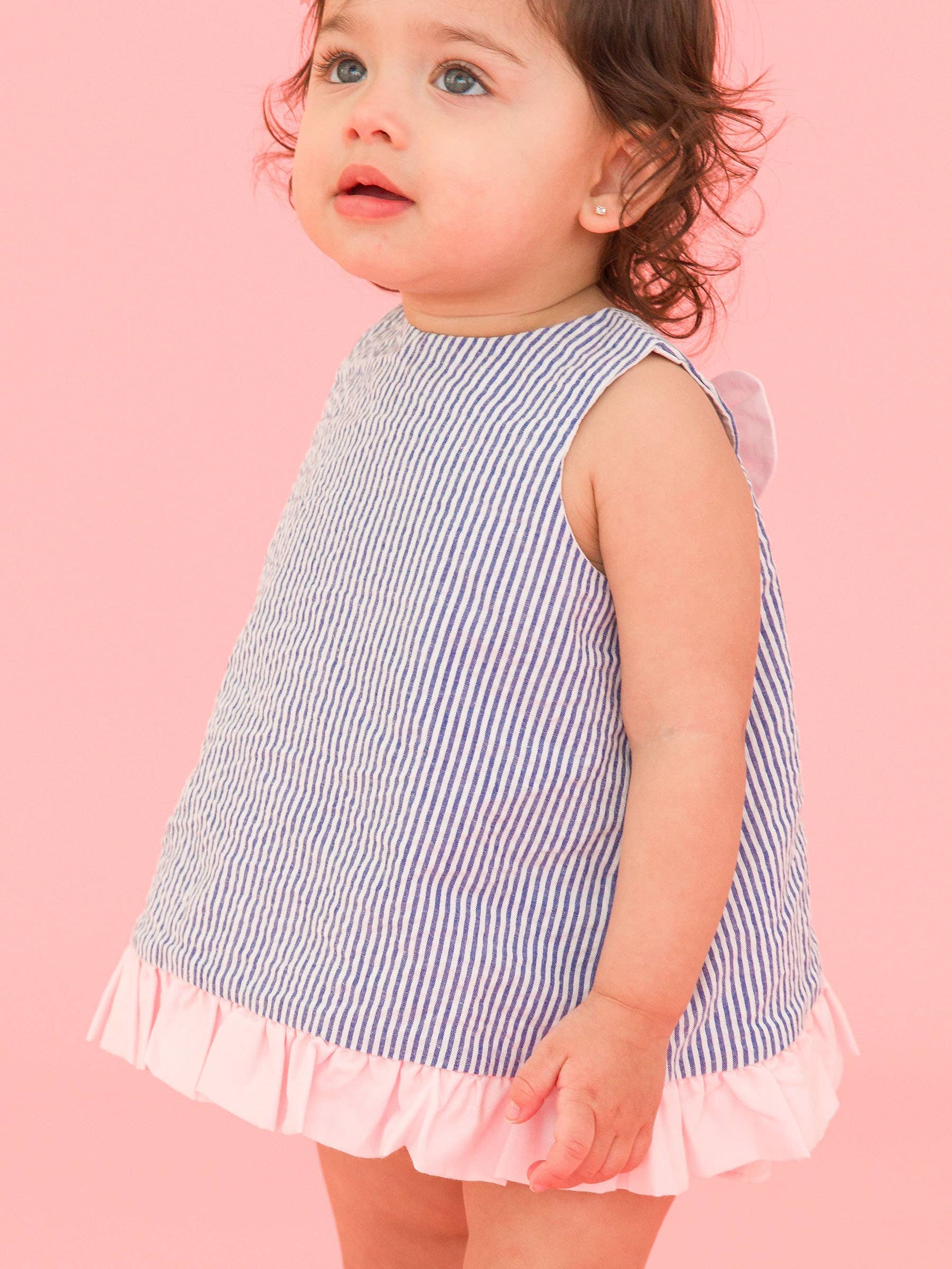 Baby Girls Blue Seersucker Ruffle Swing Top & Bloomer Set: Blue / 12-18m