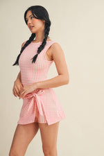 Gingham Print Sleeveless Wrap Tie Front Dress : Pink Gingham/ L