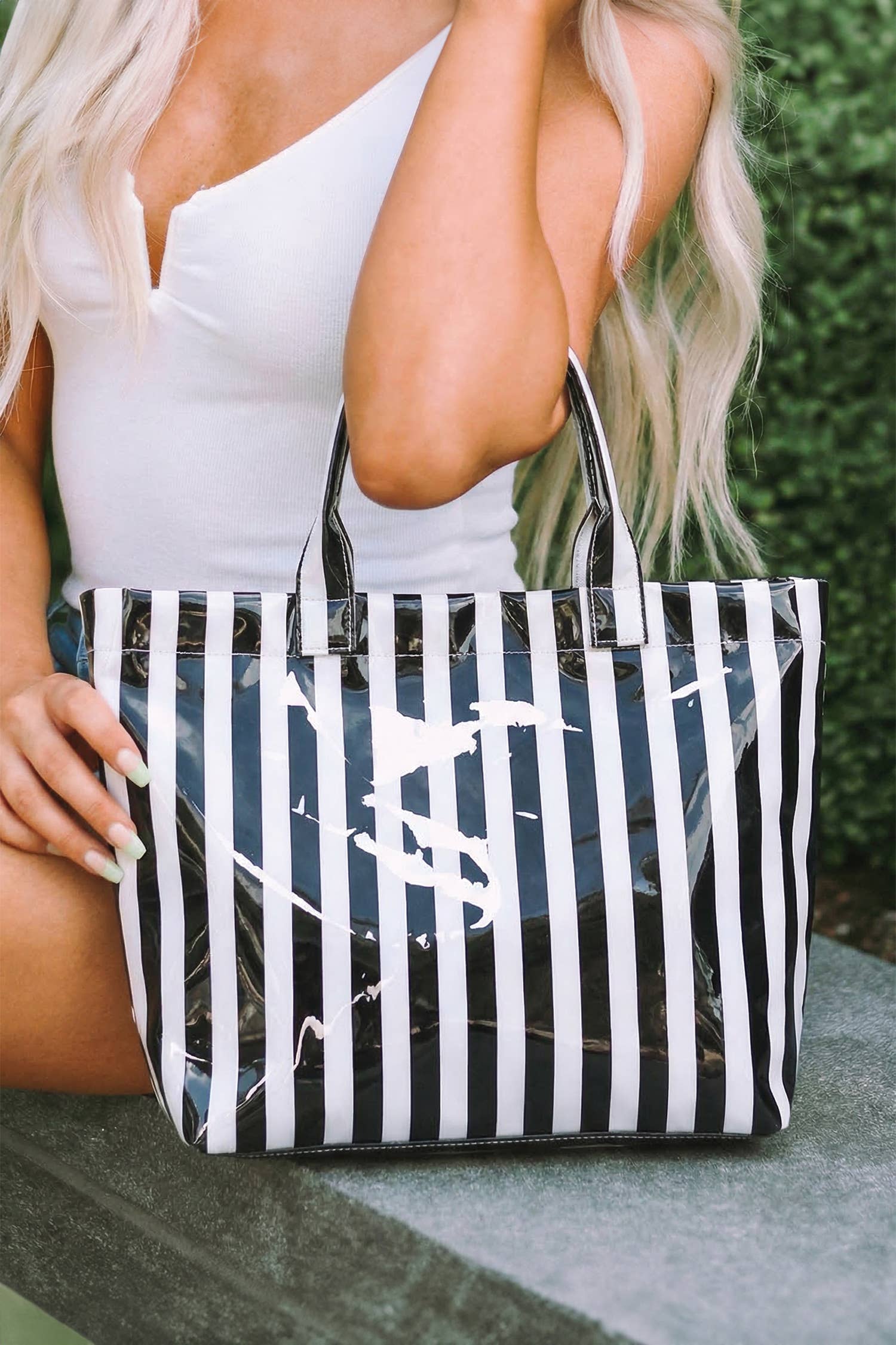 Glossy Striped Large Tote Bag: Orange Pink Stripe