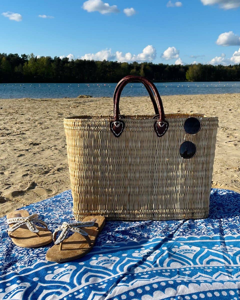 Reed Storage baskets - leather handles Beach Basket: Brown / Short Handle / Large
