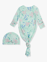 SoftSnooze™ Baby Girls Bamboo Viscose Mint Meadow Ruffle Knotted Sleep Gown & Bow Hat Set: Green / Newborn-3m
