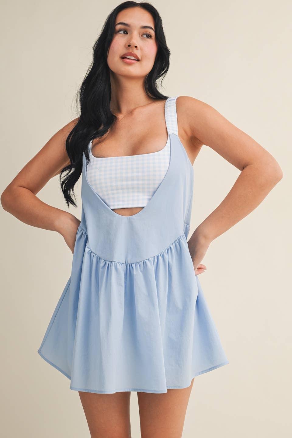 Gingham Print Double Layered Play Dress: Blue / S