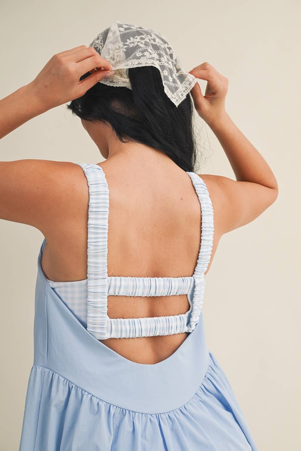 Gingham Print Double Layered Play Dress: Blue / M
