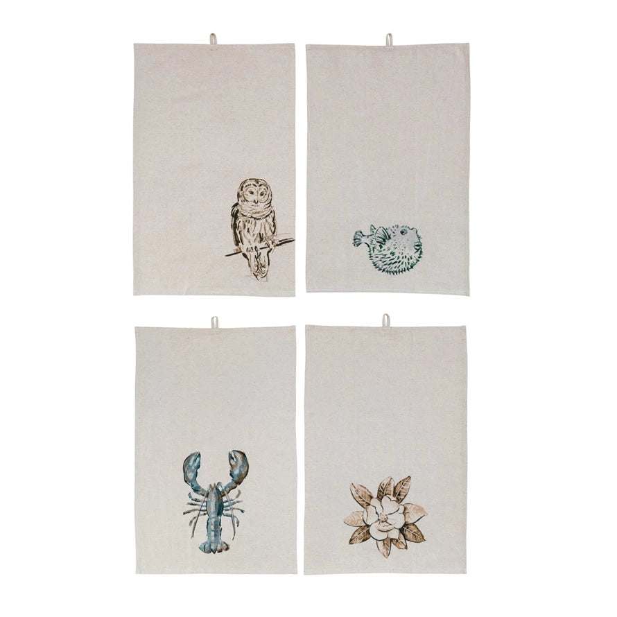 CREATIVE CO-OP 28"L x 18"W Cotton & Linen Printed Tea Towel, 4 Styles