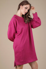 Round Neck Oversized Comfy Long Sleeve Mini Dress: MAGENTA