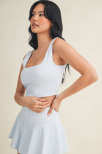 Gingham Print Crop Tank with Lace Trim: Blue Gingham / L
