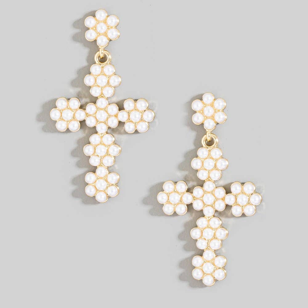 Pearl Beaded Cross Drop Earrings