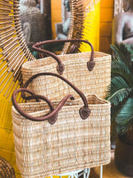 Reed Storage baskets - leather handles Beach Basket: Brown / Short Handle / Large