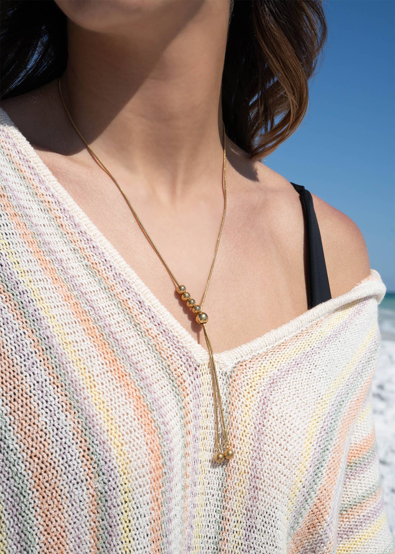 18K Gold PVD Stainless Steel Adjustable Ball Charm Necklace: Stainless