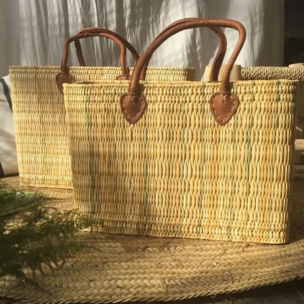 Reed Storage baskets - leather handles Beach Basket: Brown / Short Handle / Large