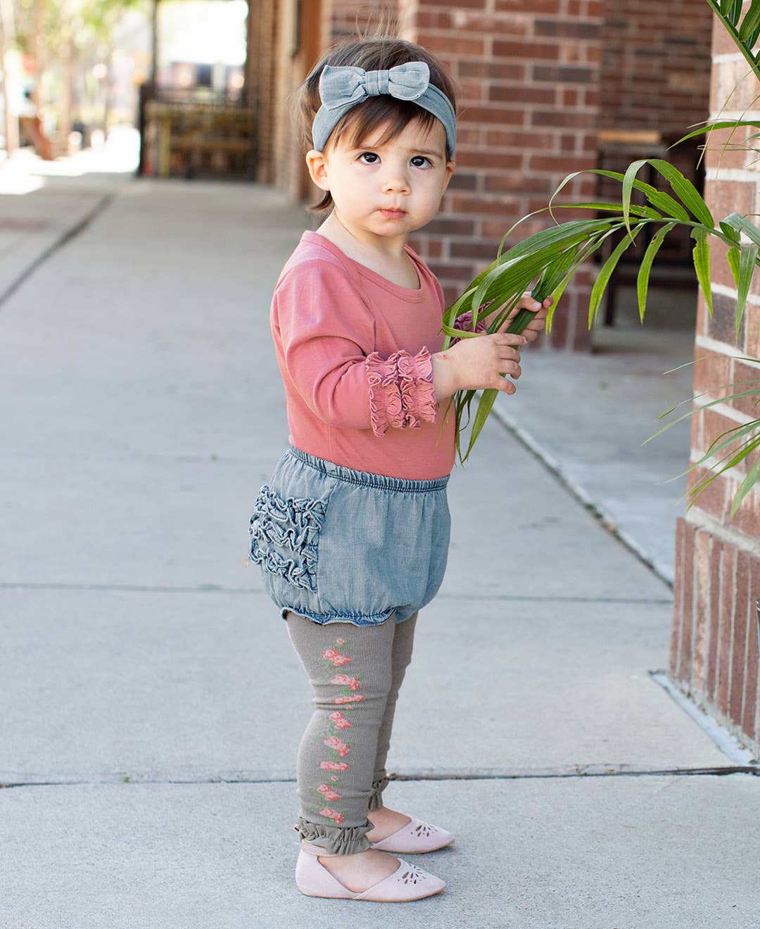 Baby Girls Light Wash Denim Woven RuffleButt Bloomer: Blue / 12-18m