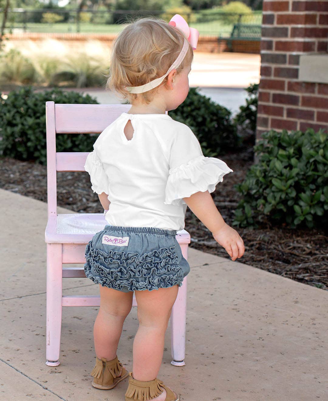 Baby Girls Light Wash Denim Woven RuffleButt Bloomer: Blue / 6-12m