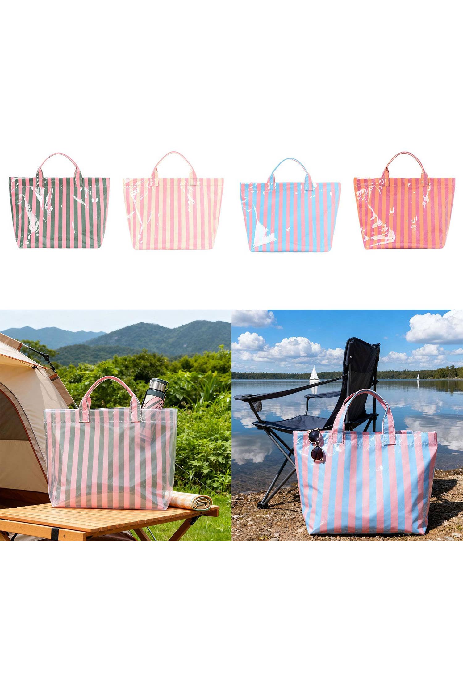 Glossy Striped Large Tote Bag: Pink Tan Stripe