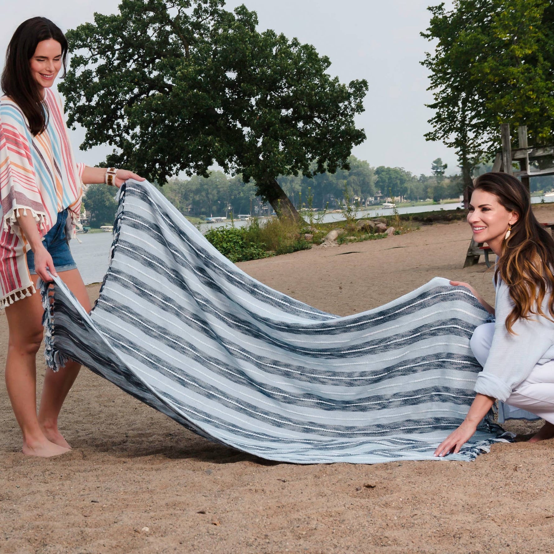 Romy 50x70" Indoor/Outdoor Recycled Woven Throw Blanket: Blue