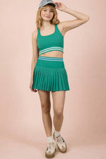 Striped Band Detail Activewear Top & Skirt Set: SEA FOAM
