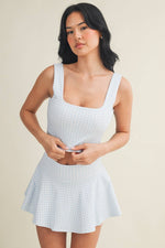 Gingham Print Crop Tank with Lace Trim: Blue Gingham / S
