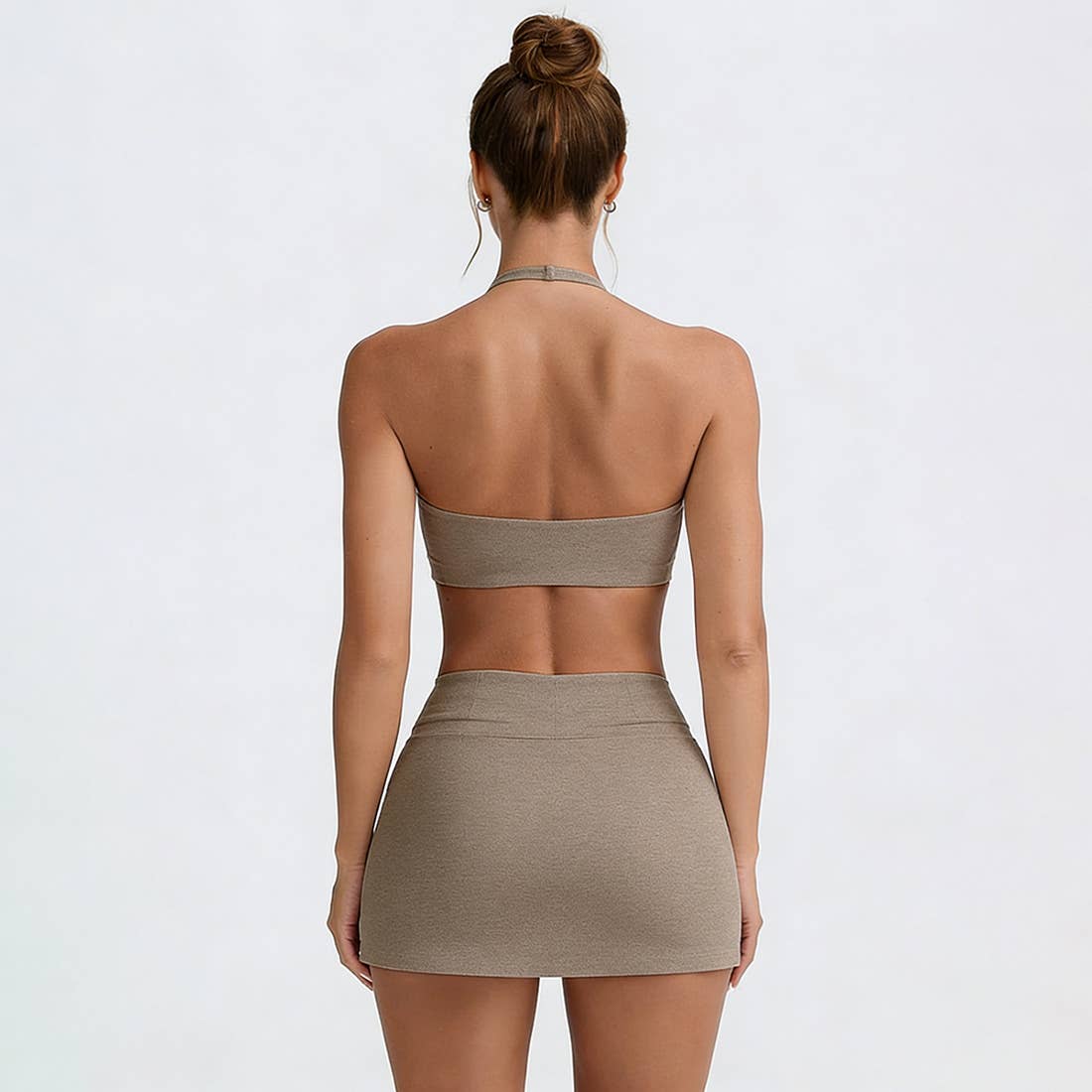 Women's Tennis Set:Halterneck Tank Top And Cross-Waist Skirt: Coffee / M