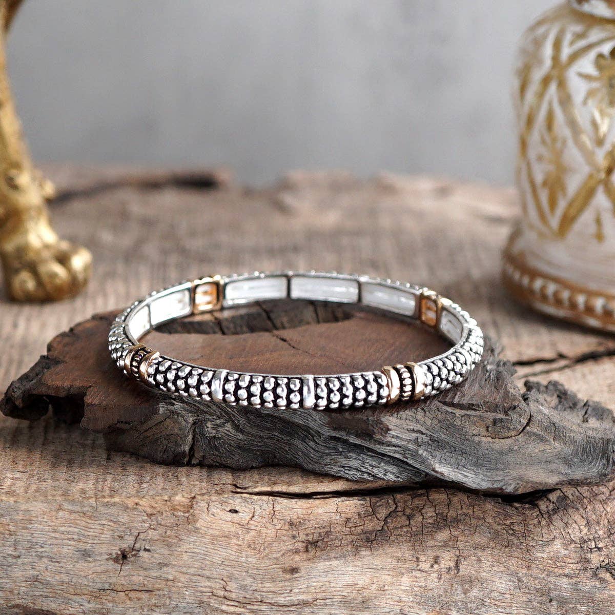 Luna Links – Silver Boho Bangles Collection: Caviar Texture - Two Tone