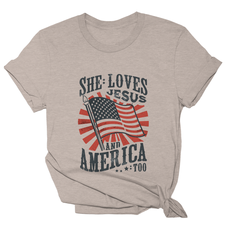 She Loves Jesus and America Too Tee: Heather Stone / M